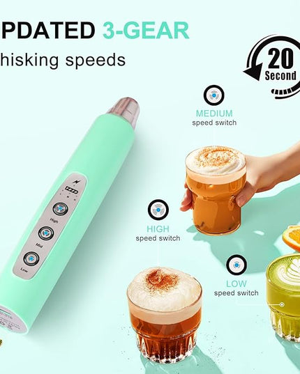 YUSWKO Baby Blue Handheld Milk Frother Wand for Coffee, Rechargeable Electric Whisk with 3 Heads 3 Speeds Drink Mixer Coffee Frother For Latte, Cappuccino, Hot Chocolate, Egg