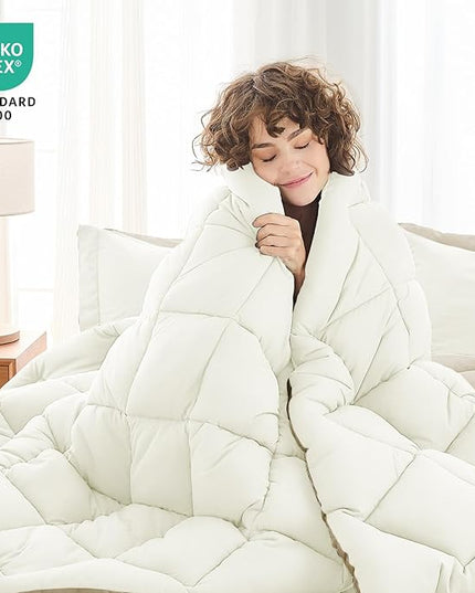 MUXHOMO 7 Pieces Full Comforter Set, Reversible Bed in a Bag Full Size, All Season Bedding Set with Comforter, Flat Sheet, Fitted Sheet, Pillowcases & Shams, Ivory & Khaki