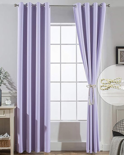 Yakamok Thermal Insulated Solid Ring Top Blackout Window Drapes-Blackout Curtains Panels for Bedroom,52" W x 84" L (Set of 2 Panels,Lilac,2 Tie Backs Included)