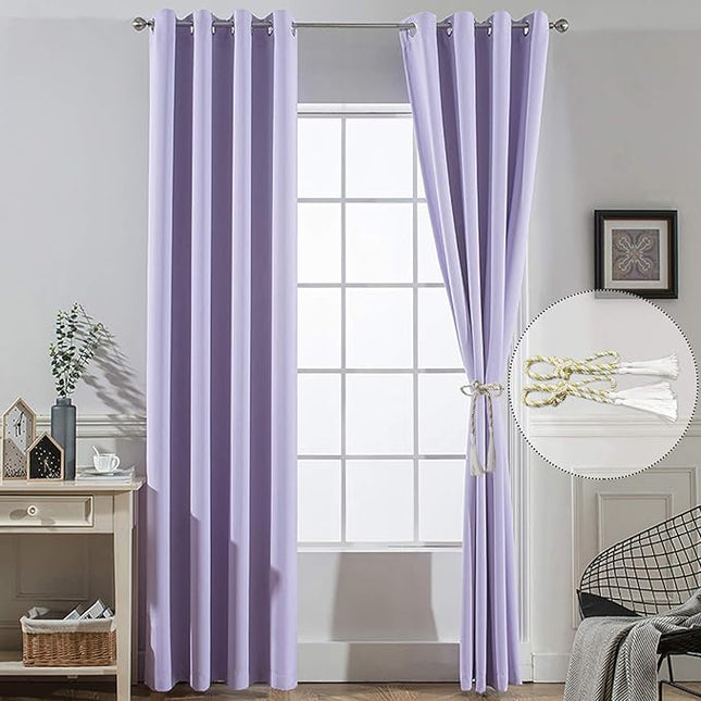 Yakamok Thermal Insulated Solid Ring Top Blackout Window Curtains/Drapes with 2 Tie Backs Included (Two Panels, 52 x 96 Inch, Lilac)