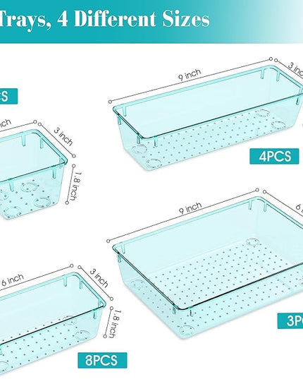 23 PCS Clear Plastic Drawer Organizers Set, 4 Size Desk Drawer Organizer Trays for Makeup, Jewelry, Kitchen Utensils, Gadgets and Office Accessories, Sea Blue
