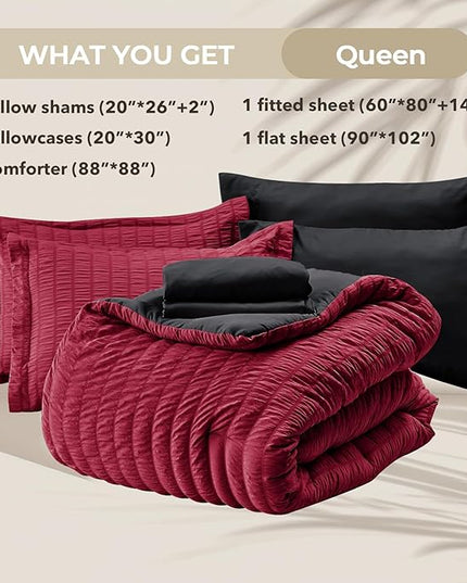 HYMOKEGE Red & Black Queen Comforter Set Seersucker 7 Pieces, All Season Luxury Bed in a Bag for Bedroom, Bedding Set with Comforters, Sheets, Pillowcases & Shams