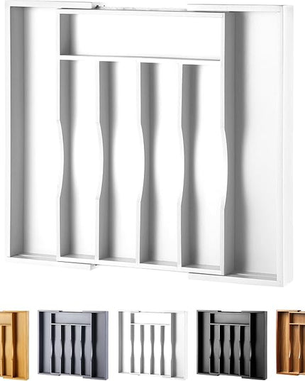 Expandable Bamboo Kitchen Drawer Organizer for Cutlery and Utensils, Adjustable Bamboo Wood Cutlery Tray in Drawer for Flatware and Silverware in Kitchen, (White)