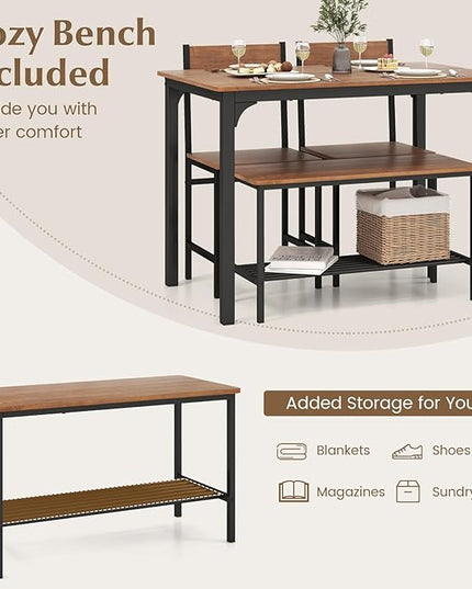 COSTWAY Dining Table Set for 4, Rectangular Kitchen Table Set with Bench and 2 Chairs, Storage Rack & Metal Frame, 4-Piece Dining Room Table and Chairs Set for Small Space, Apartment (Brown)