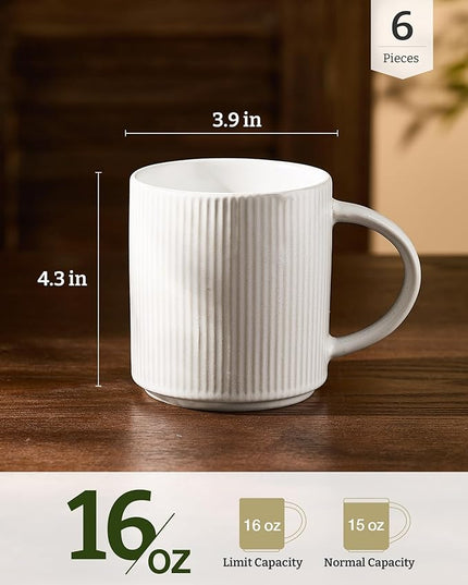 famiware Coffee Mug Set for 6, Star 16 oz Catering Mugs Cup Set with Handle for Coffee, Tea, Cocoa, Milk - Ceramic Stoneware Drinkware Set, Matte White