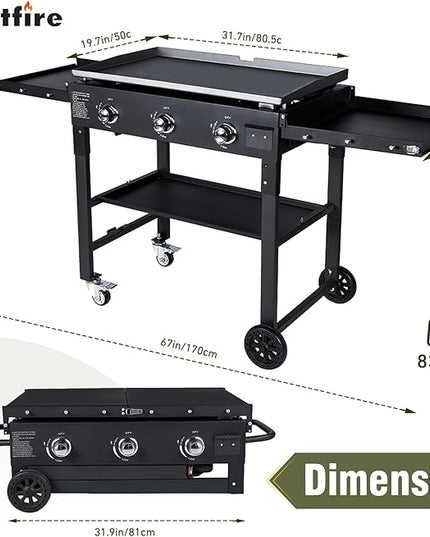 BESTFIRE 3 Burner 35" Flat Top Grill,45,000 BTU Flat Grills Outdoor Cooking with Two Foldable Shelves,Outdoor Griddle with Porcelain-Enameled Cast Iron Grate & Pan for Kitchen,BBQ& Camping