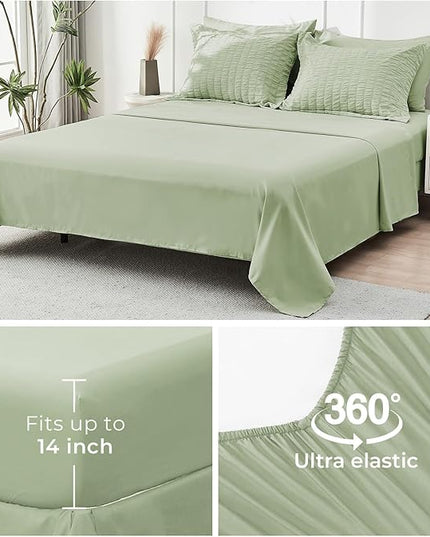 HYMOKEGE Light Green King Size Comforter Set Seersucker 7 Pieces, All Season Luxury Bed in a Bag for Bedroom, Bedding Set with Comforters, Sheets, Pillowcases & Shams