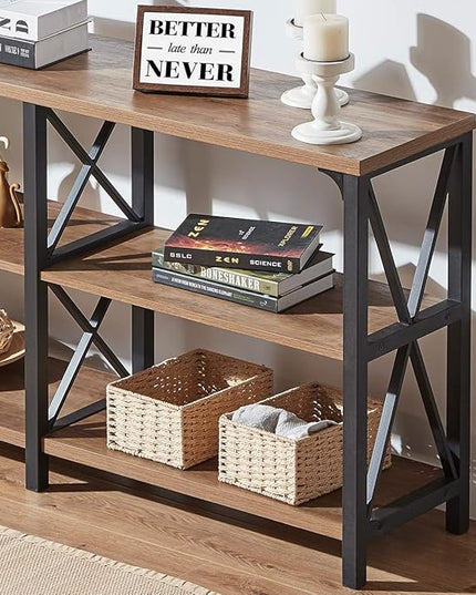 IBF Rustic Console Table, Industrial Wood and Metal Sofa Table, Hallway Entry Table for Home Living Room, Long Horizontal Bookshelf Entryway Table with Retro Vintage Storage Shelf, Rustic Oak, 47 Inch
