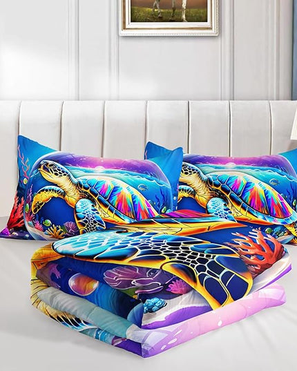 Sea Turtle Comforter Set King Size,Colorful Underwater World Toddler Bed Comforter Set,Coastal Bedding for Kids Boys Girls Room Decor,Sea Life Themed Comforter Sets 2 Pillowcases.