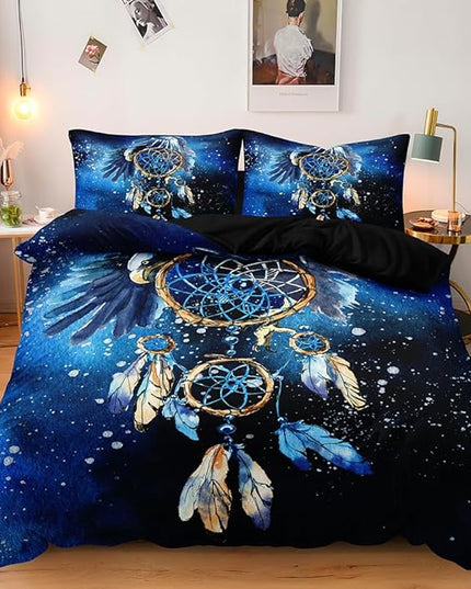 Blue Dream Catcher Full Duvet Cover Boho Style – Bohemian Bedding Set with Tribal Print – Soft Microfiber Boho Comforter Cover for Bedroom Décor