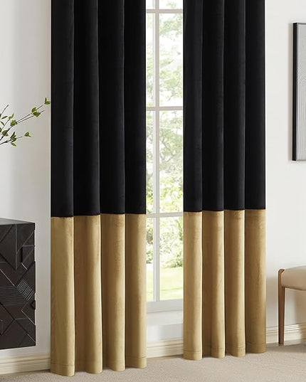 BULBUL Black Gold Color Block Window Curtains Panels 72 inches Long Velvet Farmhouse Drapes for Bedroom Living Room Darkening Treatment with Grommet Set of Black Gold