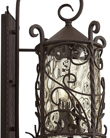 John Timberland Casa Seville Rustic Outdoor Wall Light Fixture Lantern Dark Walnut Iron Scroll 23 3/4" Hammered Glass Decor for Exterior House Porch Patio Outside Deck Garage Front Door Home