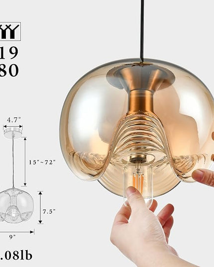 Modern Globe Pendant Light, 9"x7.5" Amber Gradient Glass Hanging Fixture with Gold Base, 15"-72" Adjustable Line, E26 Socket for Living Room, Dining Area, or Entryway – Warm Taupe Globe