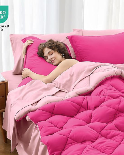 MUXHOMO 7 Pieces King Comforter Set, Reversible Bed in a Bag King Size, All Season Bedding Set with Comforter, Flat Sheet, Fitted Sheet, Pillowcases & Shams, Hot Pink & Baby Pink