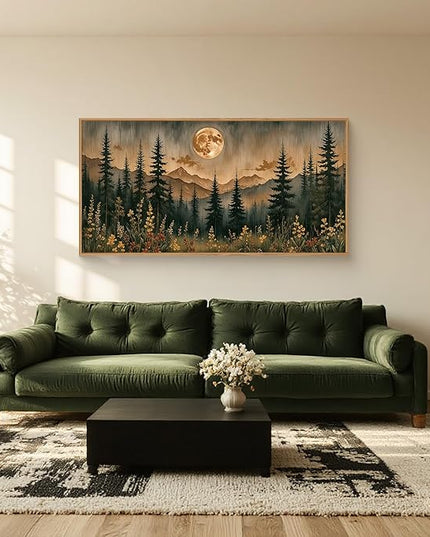 HOURIA Vintage Boho Nature Moonlight Forest Mountain Framed Canvas Wall Art Set,Wilderness Dark Moon Woodland Floral Decor,Retro Wildflower Field Landscape Artwork for Living Room,Farmhouse- 20"x40"x1
