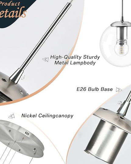 KoKo&Yukina 5-Light Globe Glass Pendant Light Adjustable Length Pendant Lights Modern Nickel Clear Globe Glass Chandelier High Ceiling Lights Fixtures for Foyer Hallway Staircase (Bulb & Remote Incl)