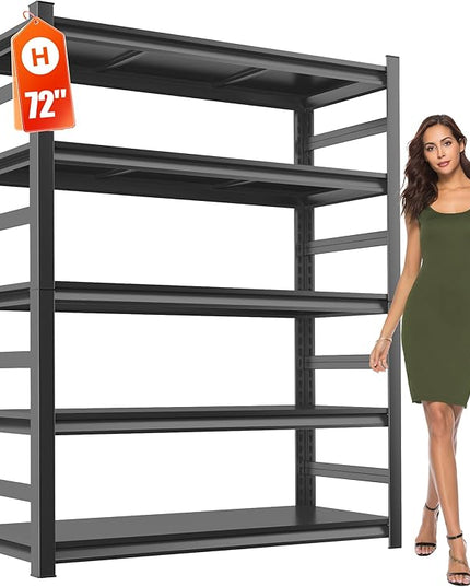 Adjustable 5-Tier Garage Shelving, Heavy Duty Steel Storage Shelves, High Load Capacity Shelf, Ideal for Garage, Warehouse, or Home Organization (with Fences, 36" W*16" D*72" H)