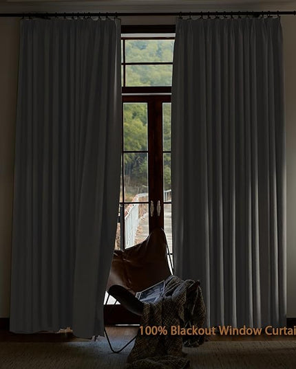 Textured Linen Double Pleated 100% Blackout Curtains for Bedroom/Living Room Blackout Curtains 96 Inches Long, Energy Saving Window Treatment Curtains,52Wx96Lx2,White Beige