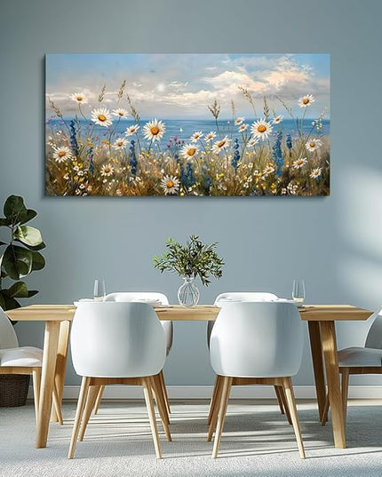 Wapluam Large Canvas Wall Art for Living Room Blue Ocean Wall Decor For Bedroom Bathroom Decoration Natural Seascape Painting Modern Office Wildflowers Artwork Pictures Home Decor Ready To Hang