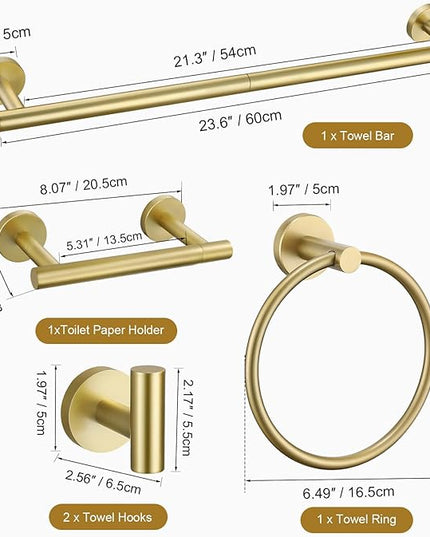 TURS Brushed Gold 5 Piece Bathroom Hardware Set, SUS304 Stainless Steel Bath Towel Bar Set, 23.6 Inch Round Bathroom Accessories Kit Wall Mounted