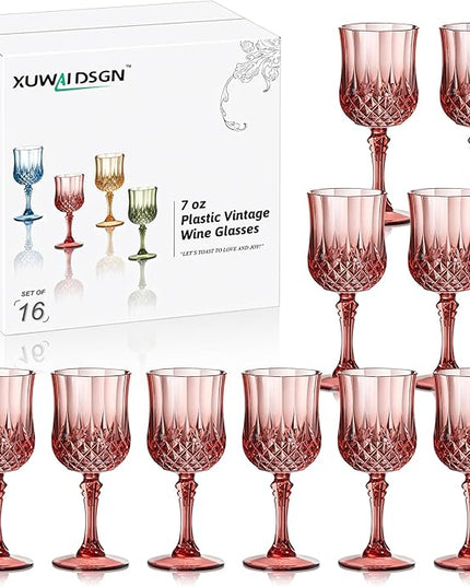 XUWAIDSGN 16 Pcs 7oz Plastic Vintage Wine Glasses Drinking Glasses Unbreakable Wedding Glassware Crystal Water Goblets Reusable Drinkware Vintage Champagne Flutes (16, Rose Gold)