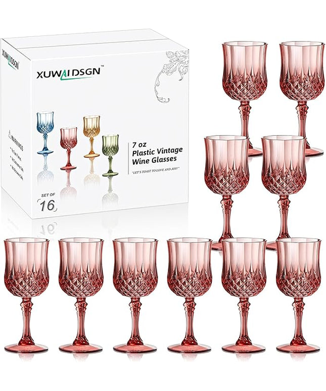 XUWAIDSGN 16 Pcs 7oz Plastic Vintage Wine Glasses Drinking Glasses Unbreakable Wedding Glassware Crystal Water Goblets Reusable Drinkware Vintage Champagne Flutes (16, Rose Gold)