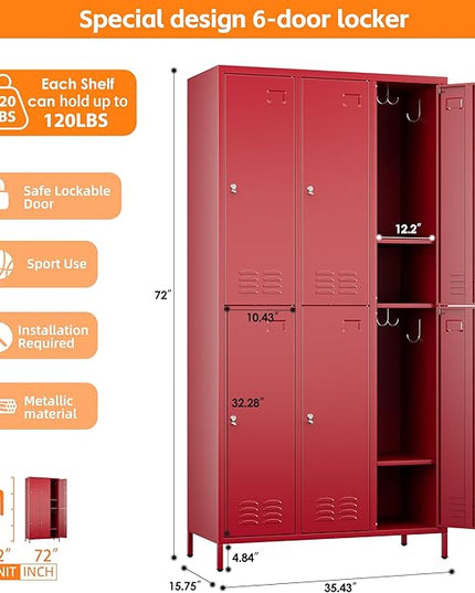 Aobabo Metal Locker for Employees, 6 Doors Metal Locker Cabinet with Lock, Industrial Storage with 18 Hooks, Storage for Home, Office, Gym, Assembly Required, Red