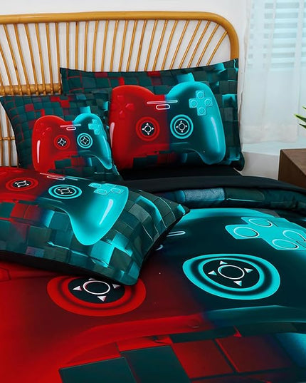 PERFEMET Boys Bedding Set Full 6 Pieces Red and Teal Video Game Kids Bed in A Bag 3D Cool Soft Lightweight Girls Teens Gamer Bed Set with Sheets(Red Teal, Full)