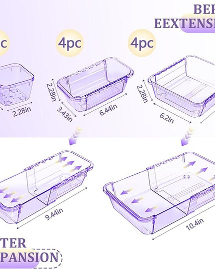 14 Pcs Adjustable Clear Drawer Organizer, Extendable Vanity Storage Bins, Desk Drawer Organizer Set for Makeup, Cosmetics, Bedroom, and Gadgets, Purple