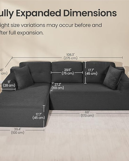 VASAGLE 108.3 Inches Boneless Couch with Chaise, Modular Sectional Sofa, Modern Cloud Couch with Deep Seat, L-Shape Corduroy Sofa for Living Room, Left-Facing Chaise, Bedroom, Slate Gray ULCS181GN01