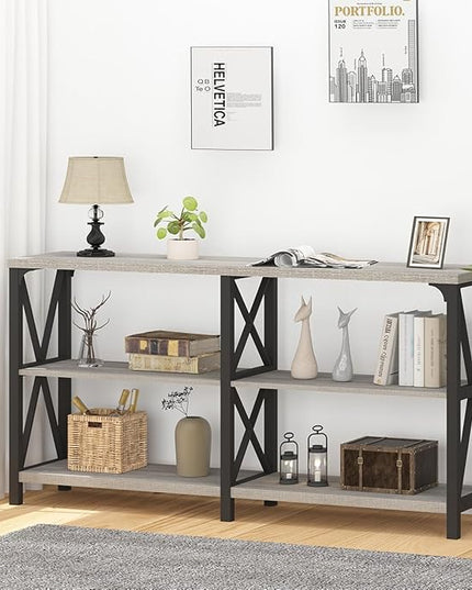 IBF Long Entryway Console Table, Industrial Metal Wood Entry Table with Storage Shelves, Modern Rustic 3 Tier Sofa Table for Entry Way Hallway Behind Couch Living Room Bedroom, Light Grey Oak, 63 Inch