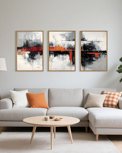 HOURIA Modern Abstract Framed Canvas Wall Art Set,Neutral Black and Orange Wall Decor,Textured Gray White Wall Painting,Pastel Strokes Art Prints for Living Room, Bedroom, Farmhouse-16 x24 x3