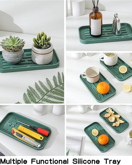 Silicone Kitchen Sink Organizer Tray for Multiple Usage,Eco-Friendly Sponges Holder for Kitchen Bathroom Counter or Sink,Dish Soap Dispenser,Scrubber,Bottle,Cup (Green, 10"×5.3")