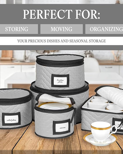 China Storage Containers 5-Piece Set Moving Boxes for Dinnerware, Glasses, Plates, Mugs and Saucers Sturdy Quilted Microfiber Dish Organizer with Dividers for Seasonal Storage - Holds Set of 12, Gray