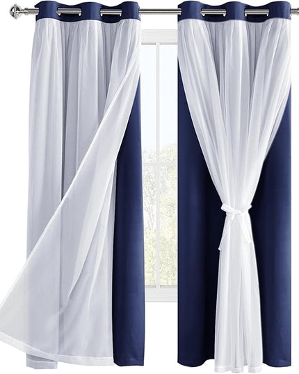 Hiasan Blackout Curtains with Sheer Overlay, Thermal Insulated Privacy Mix and Match Double Layer Window Curtains for Bedroom, Living Room, 2 Drape Panels Sewn with Tiebacks, Navy Blue, 42W X 63L
