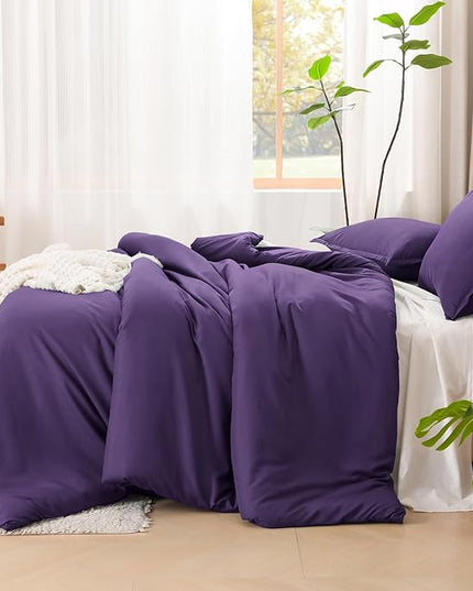 Litanika Dark Purple Comforter Set Queen Size, 3 Pieces Lightweight Solid Bedding Comforter Set, All Season Fluffy Bed Set (90x90In Comforter & 2 Pillowcases)