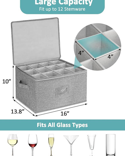 Cirhy Wine Glass Storage Box, Stackable Rigid-Shell Glassware Storage Containers with Dividers & Handles, Holds 24 Crystal Glasses, 2-Pack Protective Stemware Organizer for Moving, Kitchen Storage