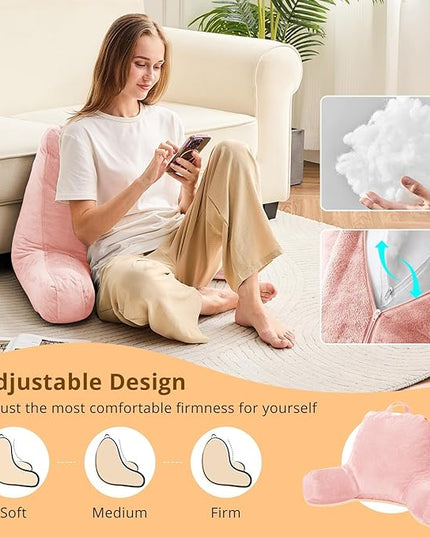 Sasttie Reading Pillow, Velvet Back Pillow for Bed Sitting Up, Adult Back-Rest Support Cushion with Arms for Sit Up on Couch, Sofa, and Floor, Dorm Essentials, Reading Accessories, Peach
