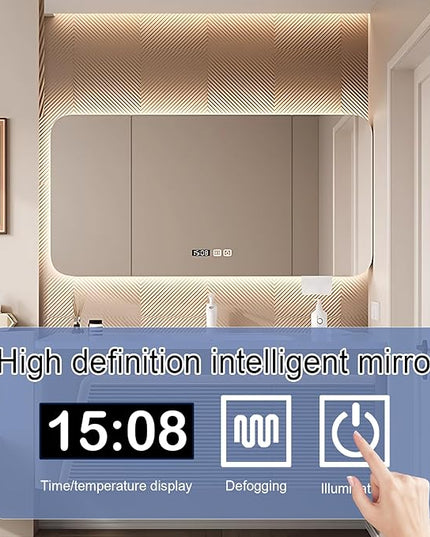48IN Modern Bathroom Vanity - Floating Bathroom Vanity with Sink with Rounded Corner Smart Mirror Cabinet & Smart Defogging | Wave Panel Design & Large Storage Space