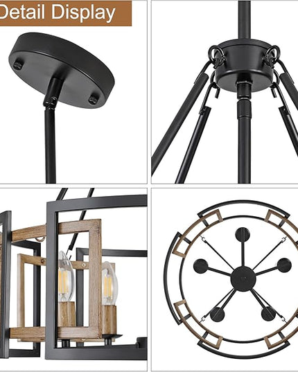 5-Light Drum Chandelier for Dining Room，19.7" Rustic Farmhouse Dining Room Light Fixture，Wood Grain and Vintage Black Metal Chandeliers for Kitchen Entryway Living Room