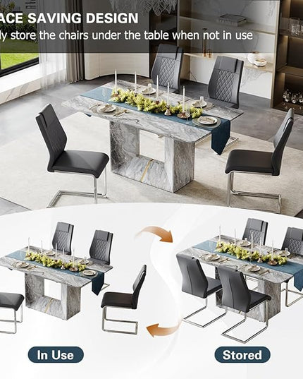 Dinner Table Set for 4, 5 Piece Dining Table Set with Chairs, 63" Faux Marble Modern Table with 4 PU Leather Upholstered Chairs, for Kitchen & Dining Room