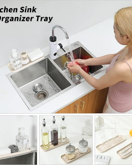 Silicone Kitchen Sink Organizer Tray for Multiple Usage,Eco-Friendly Sponges Holder for Kitchen Bathroom Counter or Sink,Dish Soap Dispenser,Scrubber,Bottle,Cup (Tapioca, 12"×4")