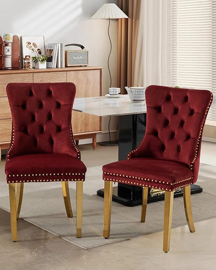 SoarFlash Velvet Dining Chairs Set of 2, Tall Back Side Chair, Modern Upholstered Side Chair with Button Back Ring, Gold Plated Stainless Steel Legs (Red)