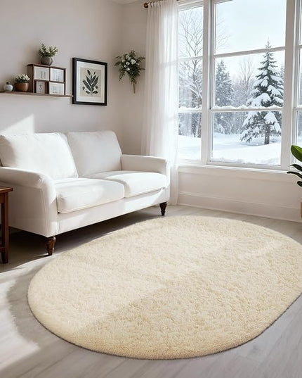 Ophanie 3x5 Oval Rug, Bedside Preppy Dorm Area Rug, College Essentials Non Slip Ivory Small Carpets for Bedroom, Anti Slip Fluffy Living Room Rugs Home Decor Aesthetic, Nursery