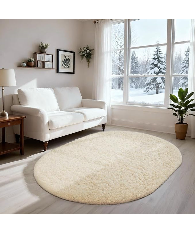 Ophanie 3x5 Oval Rug, Bedside Preppy Dorm Area Rug, College Essentials Non Slip Ivory Small Carpets for Bedroom, Anti Slip Fluffy Living Room Rugs Home Decor Aesthetic, Nursery