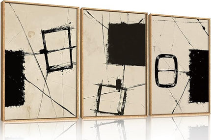 HOURIA Nordic Abstract Black & Beige Brush Stroke Framed Canvas Wall Art Set,Minimalist Geometric Grunge Line Shapes Ink Sketch Decor,Neutral Modern Drawing Artwork for Living Room,Farmhouse-16"x24"x3