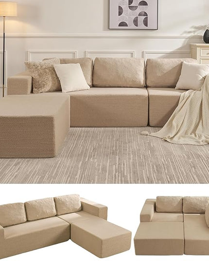 106" 3-Seater Sofa, Cloud Modular Sofa with Certified Foam, Upholstered Floor Sofa with Deep Seat, Upholstered Sofa for Bedroom Living Room, No Assembly Required (Teddy Boucle, Camel)