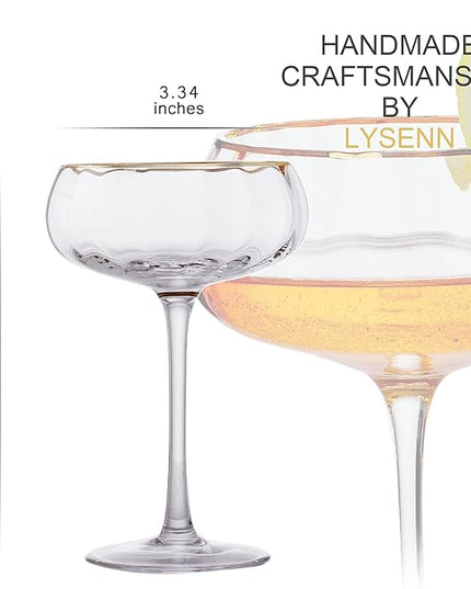 Lysenn Vintage Coupe Glasses Set of 4 - Hand Blown Gold Rim Martini Glasses - for Your Next Cocktail & Champagne Party - 9fl oz