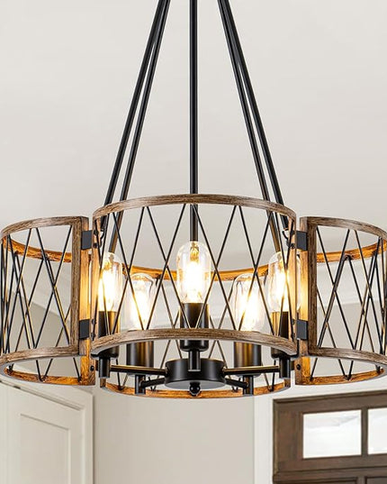 20.8'' Farmhouse Chandeliers for Dining Room, 5-Light Rustic Chandelier Wood Grain Metal Round Hanging Light Fixture, Vintage Drum Pendant Lights for Living Room, Bedroom, Kitchen, Entryway