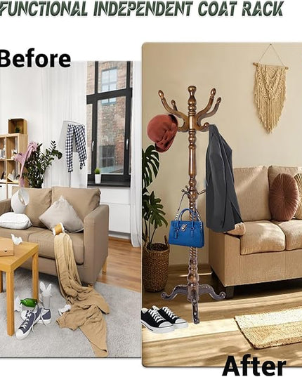 74" Wooden Coat Rack Stand,Coat Racks Freestanding With 14 Hooks And Solid Round Base Heavy Duty Adjustable Height Hall Tree Coat Rack for Entryway Hallway Foyer Office Bedroomf (Triangle Antique)